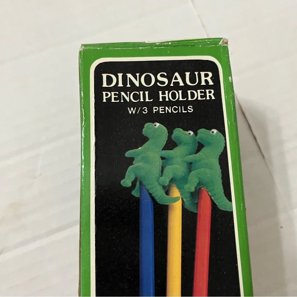 Vintage Dinosaur Pencil Set w/Ceramic Cup Holder & 3 Wooden Pencils w/ Toppers